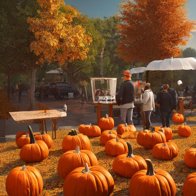 Prompt: pumpkin headed people ordering coffee at a coffee stand, maple trees with fall foliage, volumetric, realistic, cinematic lighting, ray tracing, unreal engine 5, octane render, hyper realistic, photo, 8 k