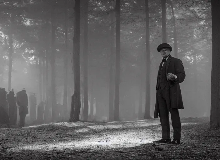 Image similar to an an scene from peaky blinders, medium long shot, filmed in the dark woods, guns fired, leonardo dicaprio and daniel day - lewis, faces covered in shadows, detailed and symmetric faces, black and white, cinematic, epic,