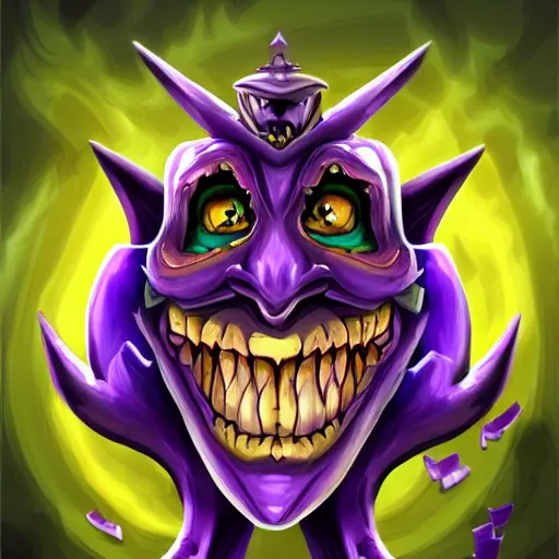 Prompt: a violet evil laughing jester, fantasy digital art, in the style of hearthstone artwork