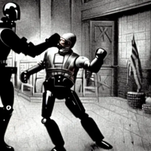 Prompt: robocop punching abraham lincoln, movie still