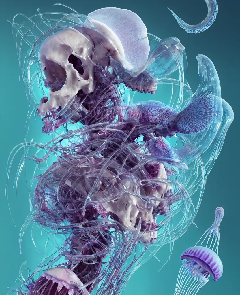 Image similar to goddess close-up portrait ram skull, thorax, x-ray, backbone, jellyfish phoenix head, nautilus, orchid, skull, betta fish, bioluminiscent creatures, intricate artwork by Tooth Wu and wlop and beeple. octane render, trending on artstation, greg rutkowski very coherent symmetrical artwork. cinematic, hyper realism, high detail, octane render, 8k