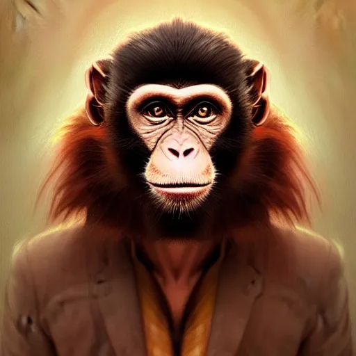 Prompt: portrait of a monkey with a humanoid face, male, handsome, masculine, full body, red hair, long hair, soft hair, fantasy, intricate, elegant, highly detailed, suit, coffee shop, digital painting, artstation, concept art, character art, smooth, sharp focus, illustration, art by artgerm and greg rutkowski and alphonse mucha