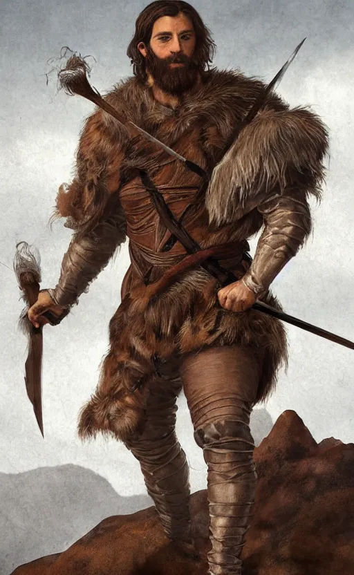 Image similar to renaissance full body portrait of a gruff ranger with a spear, lean and toned, handsome face, hairy chest and hairy body, D&D, intricate, elegant, highly detailed, digital painting, artstation, concept art, matte, sharp focus, chiaroscuro, well list, sharp detail, illustration, art by Da Vinci, Artgerm and Greg Rutkowski and Alphonse Mucha