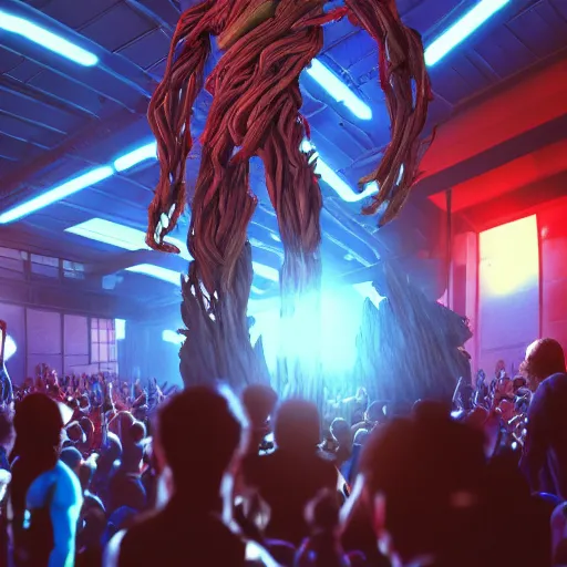 Image similar to groot and optimus prime in techno party among people dancing, wide shoot, after effect ultra realistic 3 d