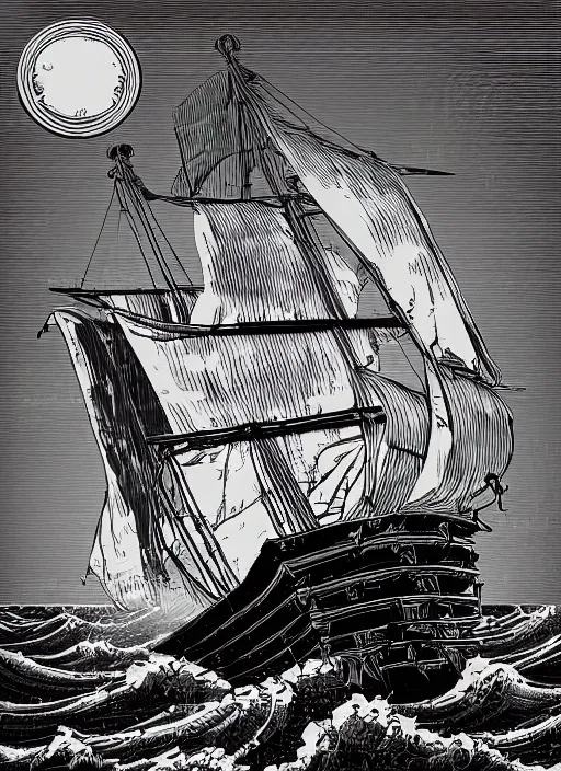 Prompt: rear of photo realistic galleon in rough seas, art by piranesi, woodblock print, black and white, vector, vector art