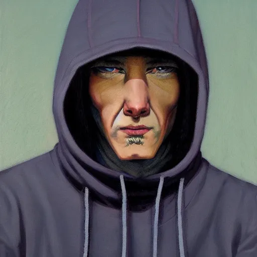 Image similar to portrait of a man wearing a balaclava and a hoodie, by gerald brom