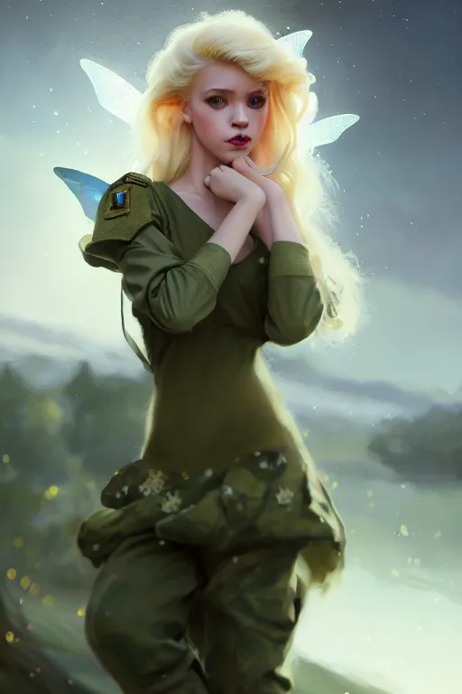 Image similar to cinematic shot of an epic portrait of a cute blonde fairy dressed in military clothes, stylised military clothes, shiny skin, beautiful eyes, beautiful, small details, night setting, realistic poster with volumetric light from craig mallism, artgerm, jeremy lipkin and michael garmash, unreal engine, radiant light, digital art, trends at art station, a masterpiece