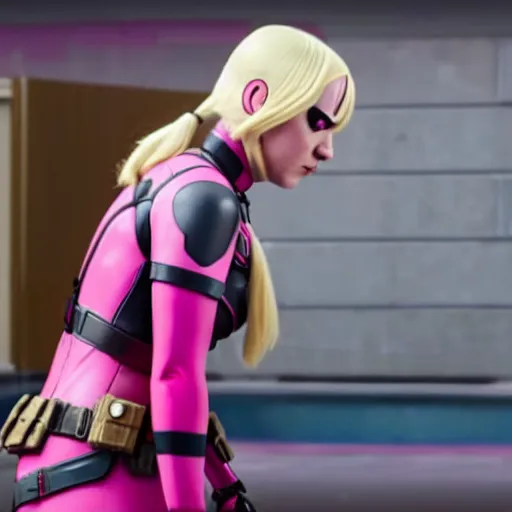 Prompt: A still of Gwenpool in Deadpool 3 (2023), no mask, blonde hair with pink highlights