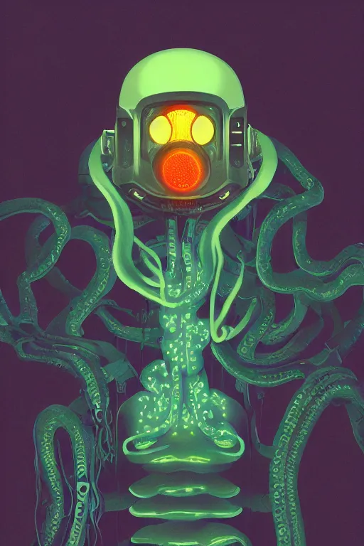 Prompt: full body psychic tentacle alien, blade runner 2 0 4 9, scorched earth, cassette futurism, modular synthesizer helmet, the grand budapest hotel, glow, digital art, artstation, pop art, by hsiao - ron cheng