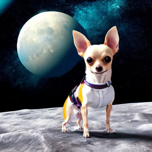 Image similar to Chihuahua cyborg on the moon, space base, mechanical, celestial background, octane, 4k, hyper realism, sharp focus