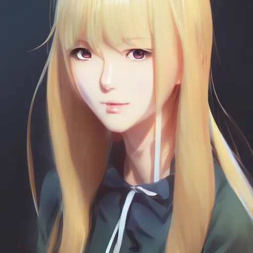 Image similar to anime portrait of Karuizawa Kei, Blonde, as an anime girl by Stanley Artgerm Lau, WLOP, Rossdraws, James Jean, Andrei Riabovitchev, Marc Simonetti, and Sakimichan, trending on artstation