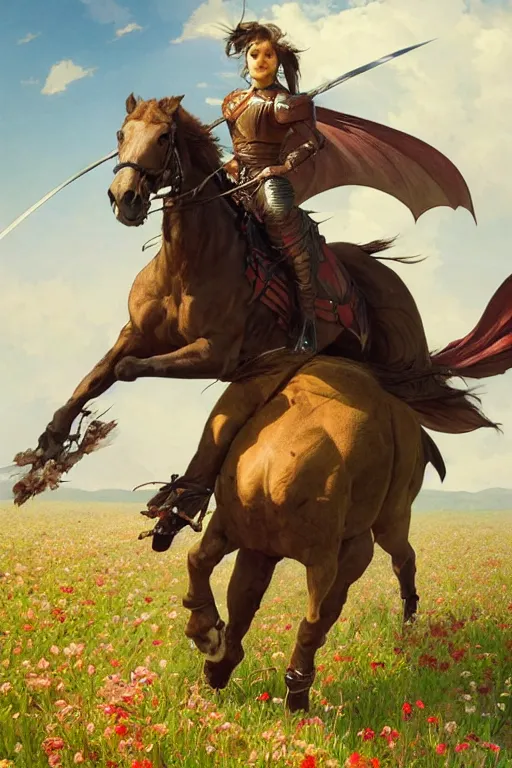 Image similar to fighter ridding a horse on a flower field, dragon, highly detailed, digital painting, artstation, concept art, smooth, sharp focus, illustration, art by artgerm and greg rutkowski and alphonse mucha and andrei riabovitchev