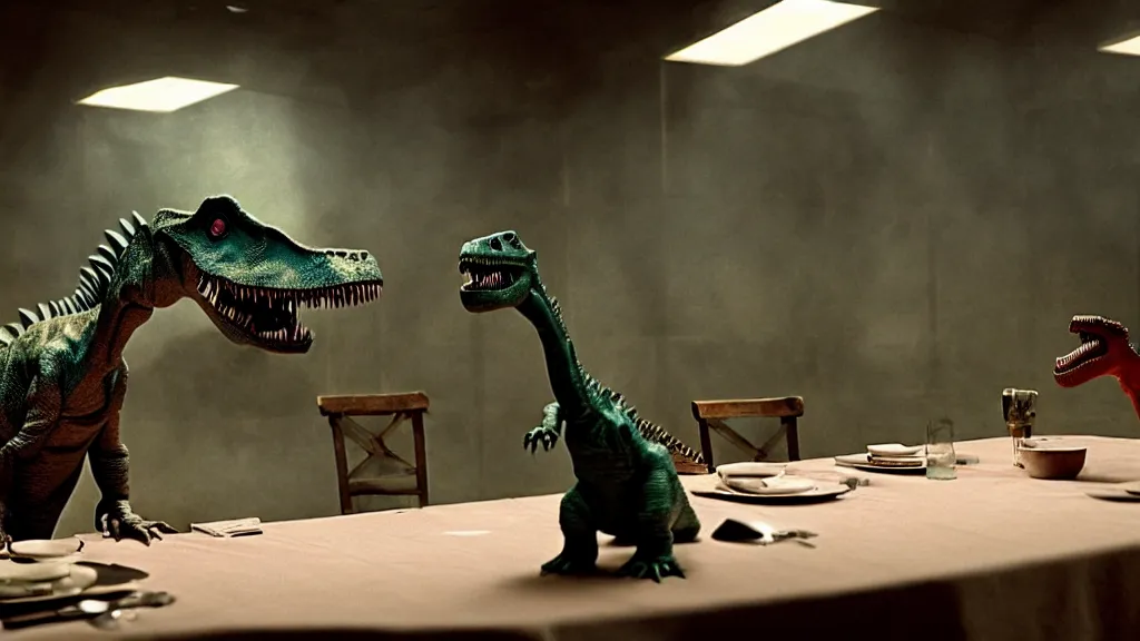 Prompt: the strange dinosaur sits at a table, made of wax and water, film still from the movie directed by Denis Villeneuve with art direction by Salvador Dalí, long lens, shallow depth of field