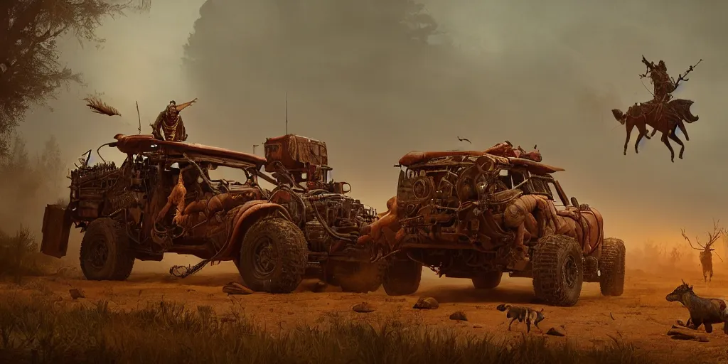 Image similar to woodpunk, ancient indian on atv, buffalo chase ,attacking, action scene, an epic fantasy, dramatic lighting, cinematic, establishing shot, extremely high detail, photorealistic, cinematic lighting, artstation, octane render, by simon stalenhag, horizon forbidden west and mad max