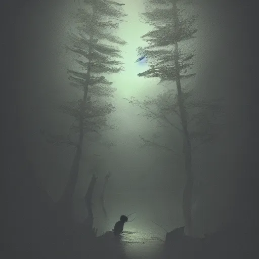Prompt: double exposure of a river of darkness and a lost fisherman illustration trending on artstation, moody, atmospheric, dimly lit,
