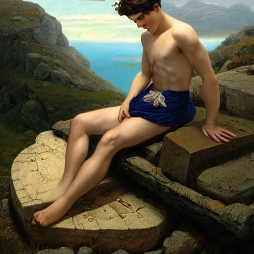 Image similar to very very very epic portrait of the greek man patroclus dressed sits on a tombstone on a cliff, dreamy and ethereal, highly detailed, digital painting, artstation, concept art, smooth, sharp focus, by gil elvgren,, concept art, smooth, sharp focus, by alberto vargas, by art frahm, by gil elvgren