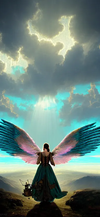 Image similar to steampunk angel, big wings, argentina, hudson river school, max rive, full plate armor with cloth, f 1 6, bokeh, gentle, female, snowy mountain, storm clouds, god rays, landscape, d & d, fantasy, elegant, teal pink white gold color palette, concept art, roger deakins and greg rutkowski and alphonse mucha