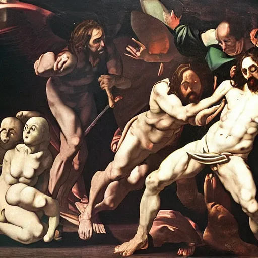 Image similar to Jesus Christ joining forces with Satan, God betrays humanity, Doom of mankind, Caravaggio