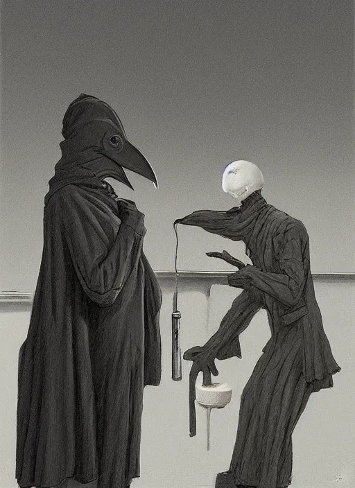 Prompt: plague doctor eating ice cream Edward Hopper and James Gilleard, Zdzislaw Beksinski highly detailed