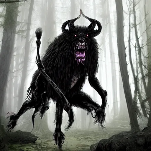 Prompt: ancient magus, fae, berserking ram skulled creature with black fur, elegant, tendrils, forest, heavy fog, fantasy, ultra realistic