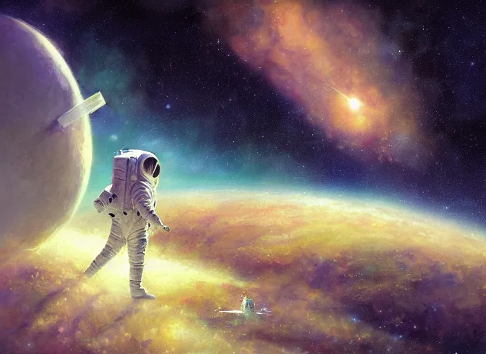 Image similar to craig mullins and ghibli digital illustration of an astronaut floating in the middle of the cosmos playing the oud!!! improvisation, full body!!!, strong contrast, earth, galaxies, ethereal, inviting, bright, unreal engine, hyper realism, realistic shading, cinematic composition, wide shot