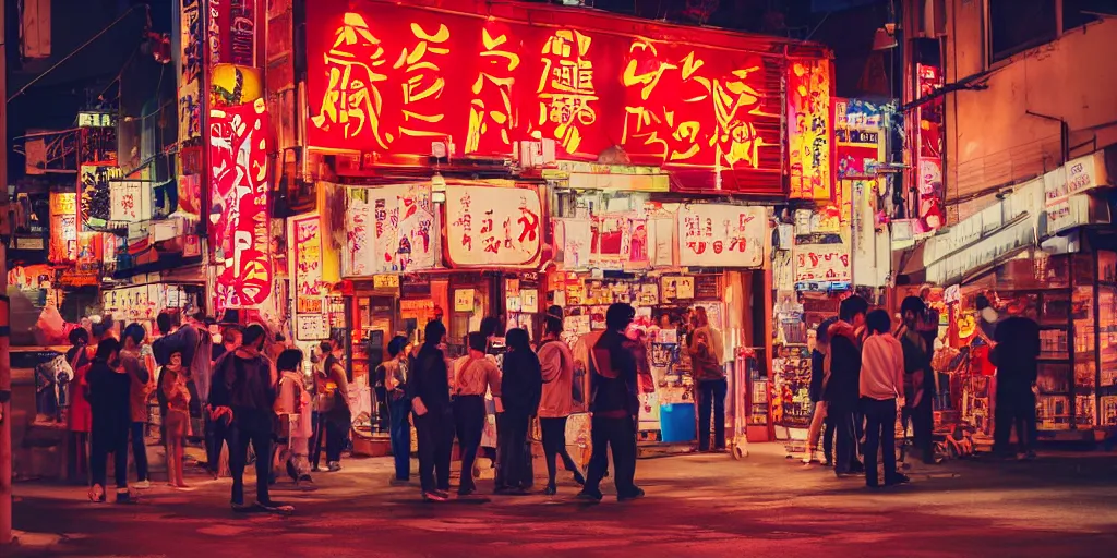 Image similar to street scene outside a japanese fireworks shop with people drinking and being happy, artistic shot, dynamic lighting, night time, neon lights