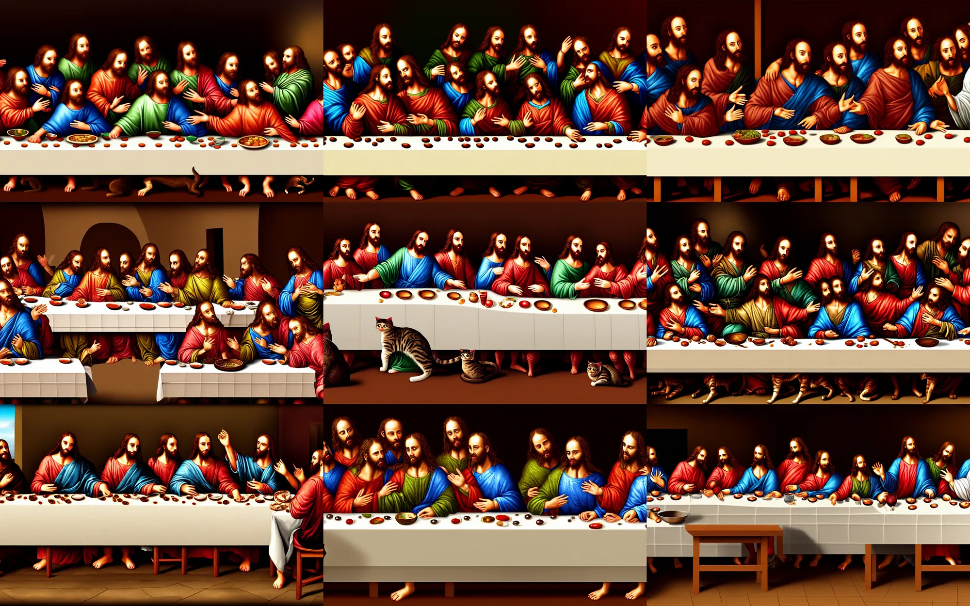 Prompt: the last supper but everyone is a cat, ultra detail, digital painting