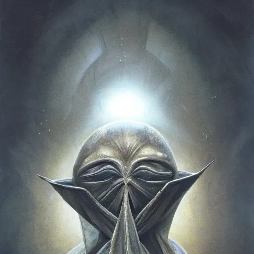 Image similar to 3 / 4 view of an origami alien, eye - level medium shot, elegant, by h. r. giger, by esao andrews, by eiko ishioka, centered, high depth of field, origami, rich volumetric light, 3 d oil painting, smooth, concept art, japanese, reallusion character creator, depth perception, 4 k, deviantart