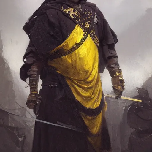 Prompt: Medium shot young idealistic and pious homely male Imperial soldier wearing a {black and yellow tabard} over a brown gambeson and a {realistic steel helm!!!!!}, by Raymond Swanland Greg Rutkowski Lise Deharm, {perfect face}, {perfect eyes}, {uncertain look}, {on edge}