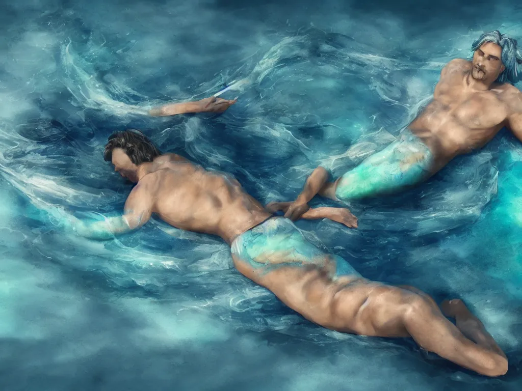 Image similar to a merman lying on white beach,blue water, intricate, highly detailed, artstation trending, ray tracing, cinematic, art by jocelin carmes, concept art, 4k detail post processing, cinematic