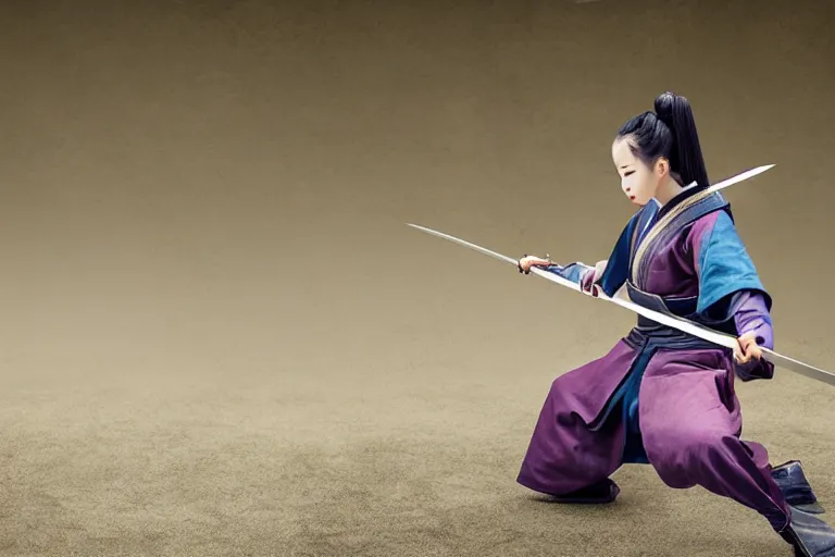 Image similar to beautiful photo of a young female samurai, practising sword stances, symmetrical face, beautiful eyes, huge oversized anime style sword, highly detailed, 8 k, award winning photo, muted pastels, action photography, 1 / 1 2 5 shutter speed, dramatic lighting