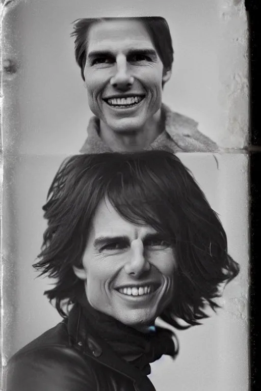 Prompt: disturbing daguerreotype of tom cruise with a creepy grin