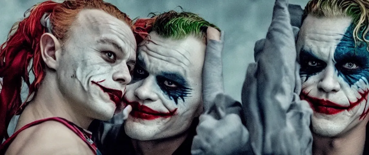 Image similar to heath ledger as the joker and margot robbie as harley quinn, posing shot, cinematic, ultra realistic, low lighting