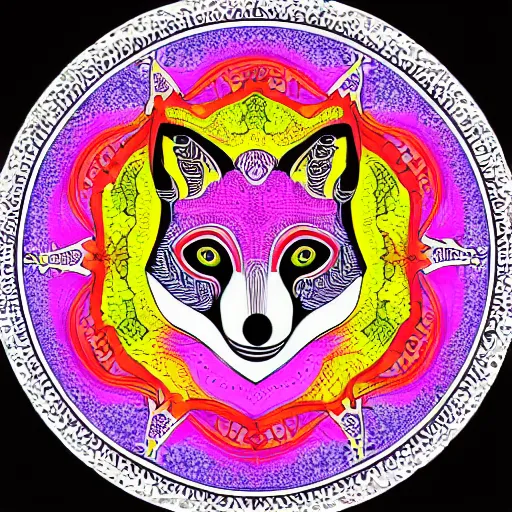 Prompt: A symmetric Fox mandala, vibrant, neon tracing