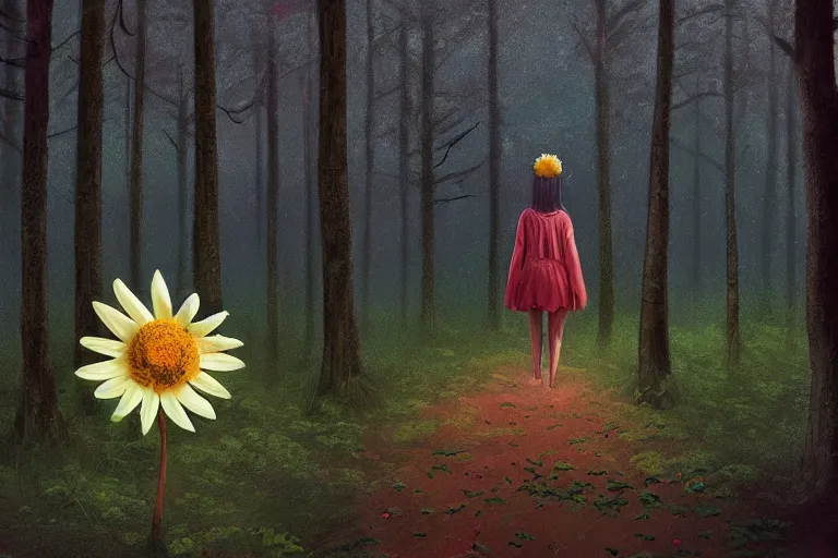 Image similar to giant daisy flower as face, girl walking in forest, surreal photography, dark night, stars, moon light, impressionist painting, clouds, digital painting, artstation, simon stalenhag