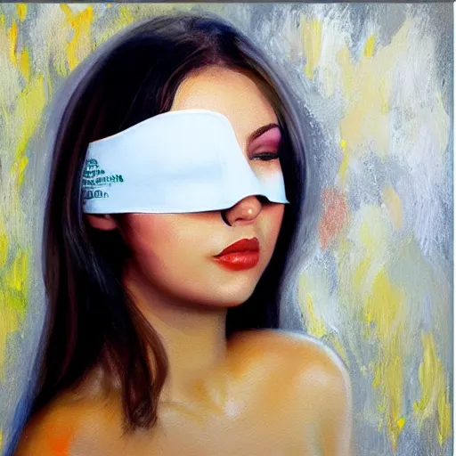 Image similar to medical heating eye - bag eye - mask, medical, eye - cover, in the glamour style, oil painting, high definition, airbrush,