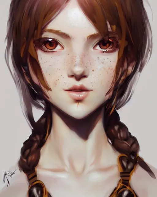 Image similar to portrait Anime Aela the Huntress girl cute-fine-face, pretty face, realistic shaded Perfect face, fine details. Anime. realistic shaded lighting by Ilya Kuvshinov Giuseppe Dangelico Pino and Michael Garmash and Rob Rey, IAMAG premiere, aaaa achievement collection, elegant freckles, fabulous