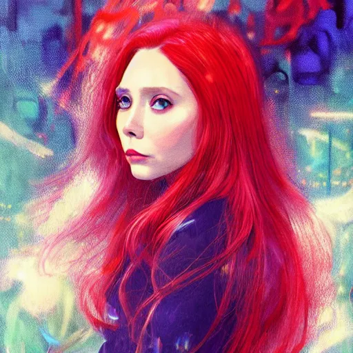 Image similar to Elizabeth olsen with red hair in 1970's fashion, in disco room, intricate, highly detailed, digital painting, artstation, official media, anime key visual, concept art, rich vivid colors, ambient lighting, sharp focus, illustration, art by Ayami Kojima and Greg rutkowski