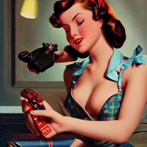Prompt: a photorealistic artwork of a pin up girl playing with a videogame controller, by Alberto Vargas, highly detailed and intricate, cinematic lighting 4k