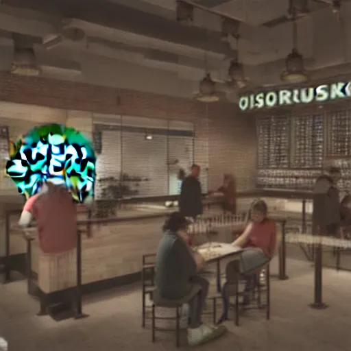 Prompt: overpopulated starbucks at the end of capitalism, photorealistic, 3d, Octane Render, Cinematic, perfect lightning