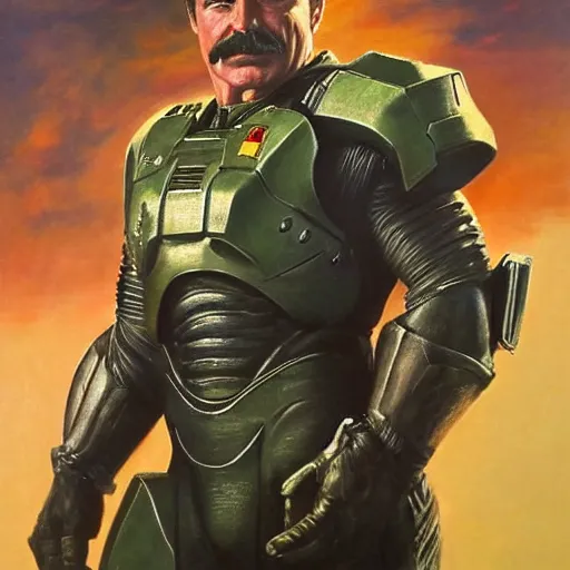 Image similar to ultra realistic portrait painting of tom selleck as master chief, art by frank frazetta, 4 k, ultra realistic, highly detailed, epic lighting