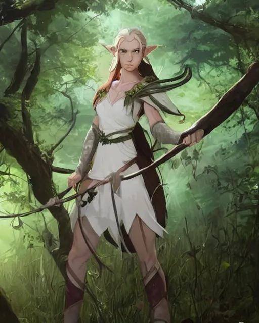 Image similar to a female elven tribe hunter, white standing in a green, luscious forest. Holding a bow in her left hand. Atmospheric lighting. By Makoto Shinkai, Stanley Artgerm Lau, WLOP, Rossdraws, James Jean, Andrei Riabovitchev, Marc Simonetti, krenz cushart, Sakimichan, D&D trending on ArtStation, digital art.