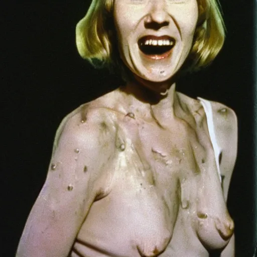 Image similar to 7 0 s film still from a horror movie of anne heche suffering from radiation induced moist desquamation and severe burns, kodachrome, cinecolor, cinestill, film grain, film texture, retro, cinematic, high resolution, photorealism, - w 8 6 7