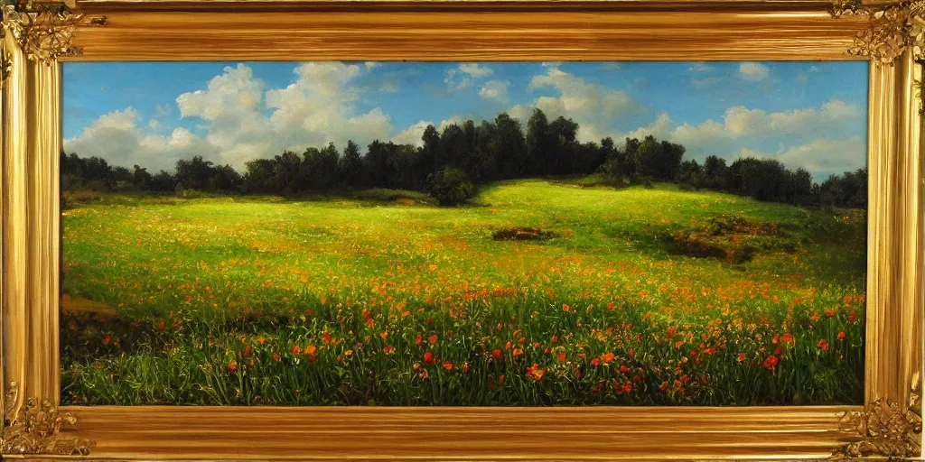 Image similar to a bright oil painting of a beautiful meadow; masterpiece; extremely-detailed; by Carravaggio