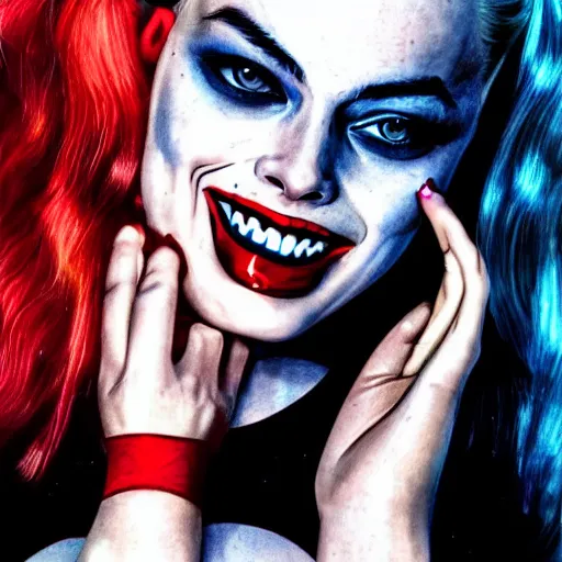 Prompt: a portrait of margot robbie as harley quinn doing a kissing face, highly detailed