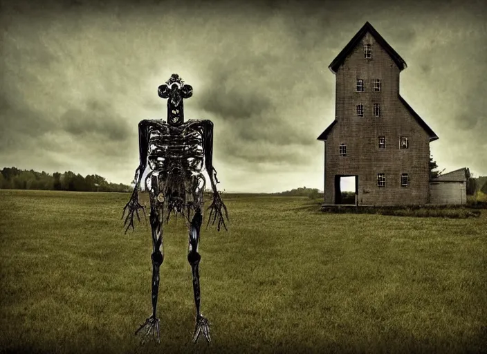 Prompt: an'angel'of the god - machine, a techgnostic eldritch horrific biomechanical entity creature, stands guard in front of a farmhouse in rural nova scotia. digital composite in the style of samuel araya. found footage aesthetic. hd video still image