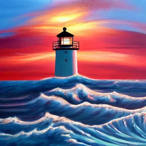 Prompt: a beautiful painting of a sunset from a lighthouse, tumultuous blood red waves