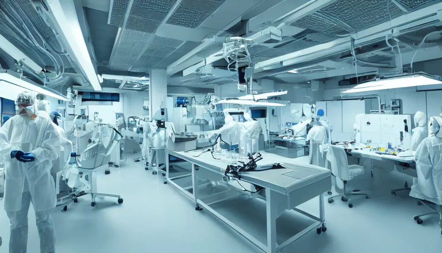 Prompt: future ai laboratory with shiny glossy white machines doing surgery on human subjects. year 2 1 2 1 8 k