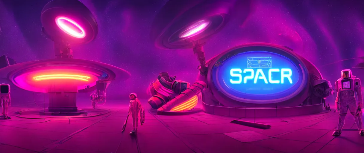 Prompt: hyper detailed 2060s neo-surreal neon purple and red propaganda poster of space workers sharp cinematic lighting 8k wide angle shallow depth of field