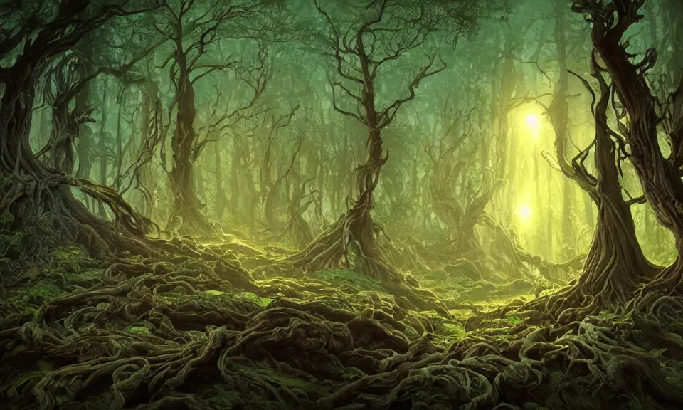 Prompt: bioluminescent mushrooms and gnarled trees with twisted roots in a forest at night, highly detailed, magic fantasy, digital art, vibrant colors, keyframe illustration, trending on artstation, andreas rocha, sylvain sarrailh, darek zabrocki, finnian macmanus, dylan cole, liang mark, albert bierstadt, sung choi, peter mohrbacher, greg rutkowski